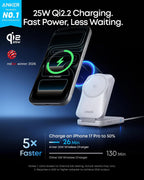 Anker Prime Foldable MagSafe Charger, 25W Qi2.2-Certified Palm-Sized Travel-Ready 3-in-1 Charging Station, AirCool Wireless Charger, for iPhone 17, Apple Watch, AirPods (Non-Battery, with Adapter)