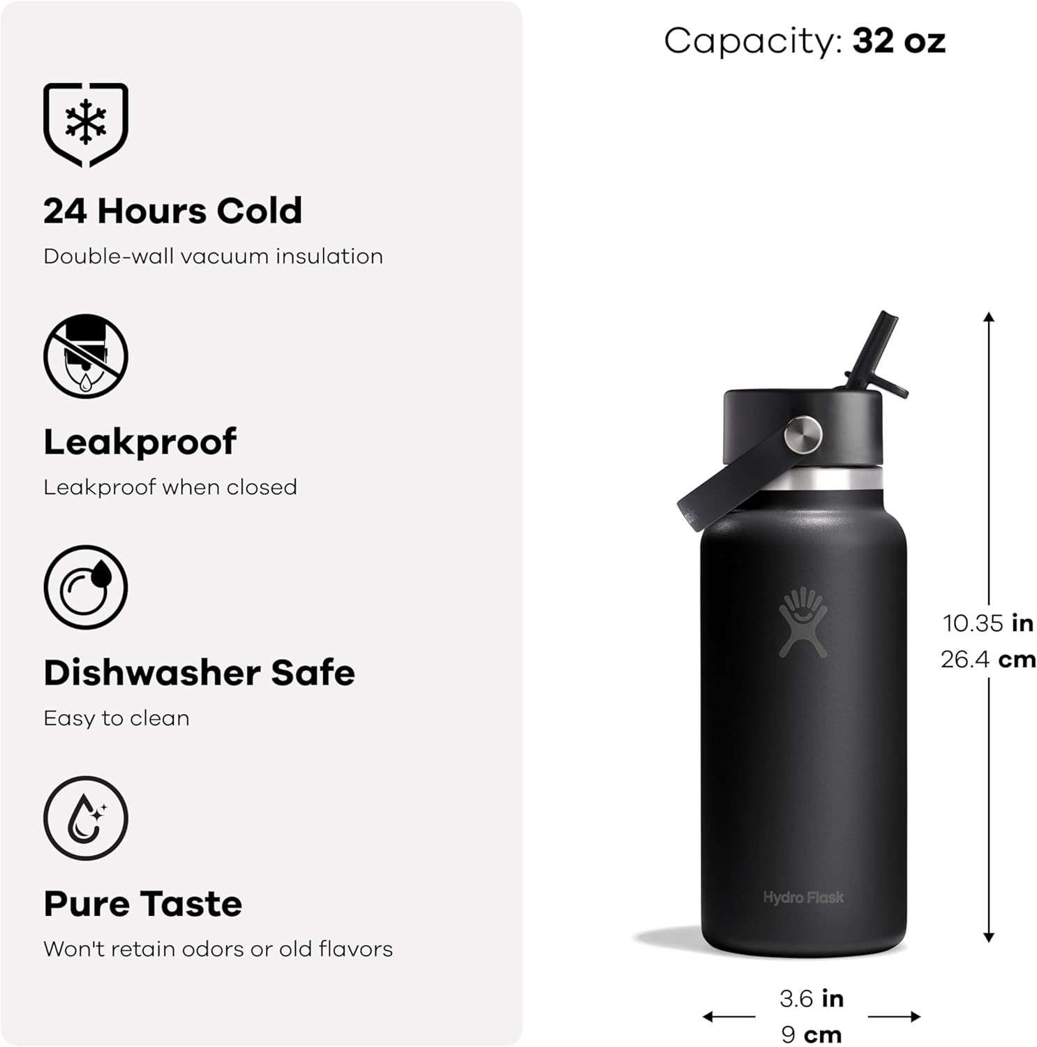 Hydro Flask Water Bottle - Insulated Stainless Steel - Wide Mouth Flex Straw Lid, Non Spill, Leakproof and Refillable in 32 Oz Shale Gray