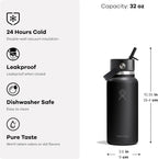 Hydro Flask Water Bottle - Insulated Stainless Steel - Wide Mouth Flex Straw Lid, Non Spill, Leakproof and Refillable in 32 Oz Tonal Black