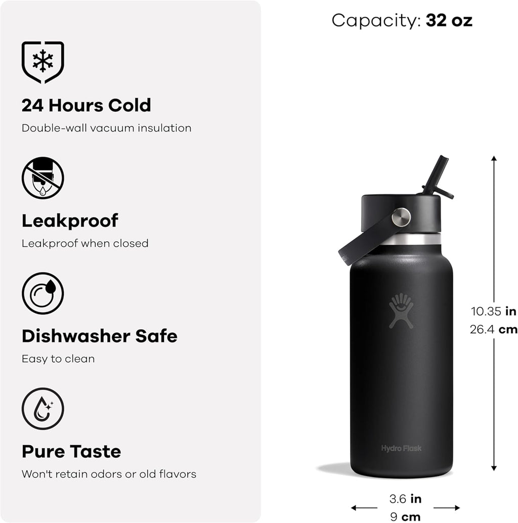 Hydro Flask Water Bottle - Insulated Stainless Steel - Wide Mouth Flex Straw Lid, Non Spill, Leakproof and Refillable in 32 Oz Tonal White