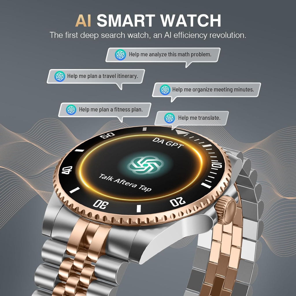 GPT AI Smart Watch with Bluetooth Calls, 1.19-inch AMOLED 44mm, 24/7 Heart Rate, SpO2, Blood Pressure, Sleep Monitor, 107 Sports Fitness Tracker, Smartwatch Compatible Android and iOS Silver Gold