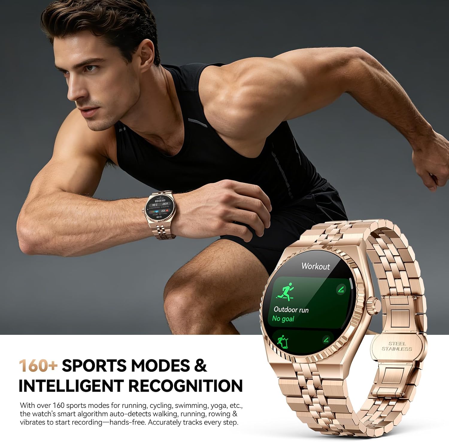 Business Luxury Smartwatch, 1.32" AMOLED HD Screen, Bluetooth 5.4 Calls, Stainless Steel Strap, 160+ Sports Modes, Fitness Watch with Heart Rate/SpO2/Sleep/Blood Pressure Monitor, iOS and Android Gold