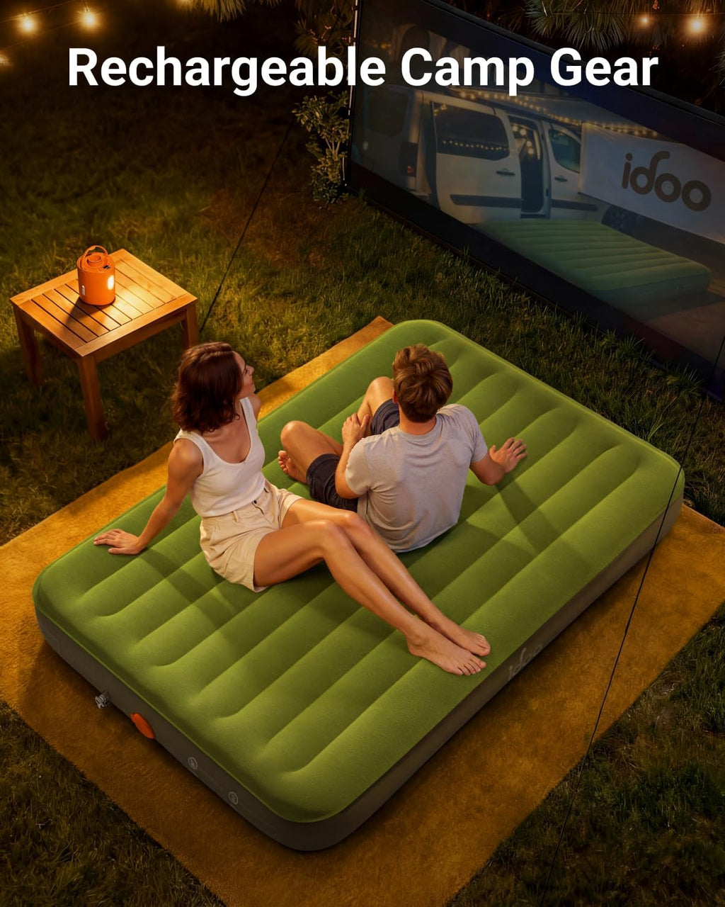 iDOO Portable Camping Essentials Mattress, 10" Queen Air Mattress with Cordless Rechargeable Pump, 2-in-1 Fast Inflation, Built-in LED Light, USB Charging, Retractable Camping Cot Sleeping Pad