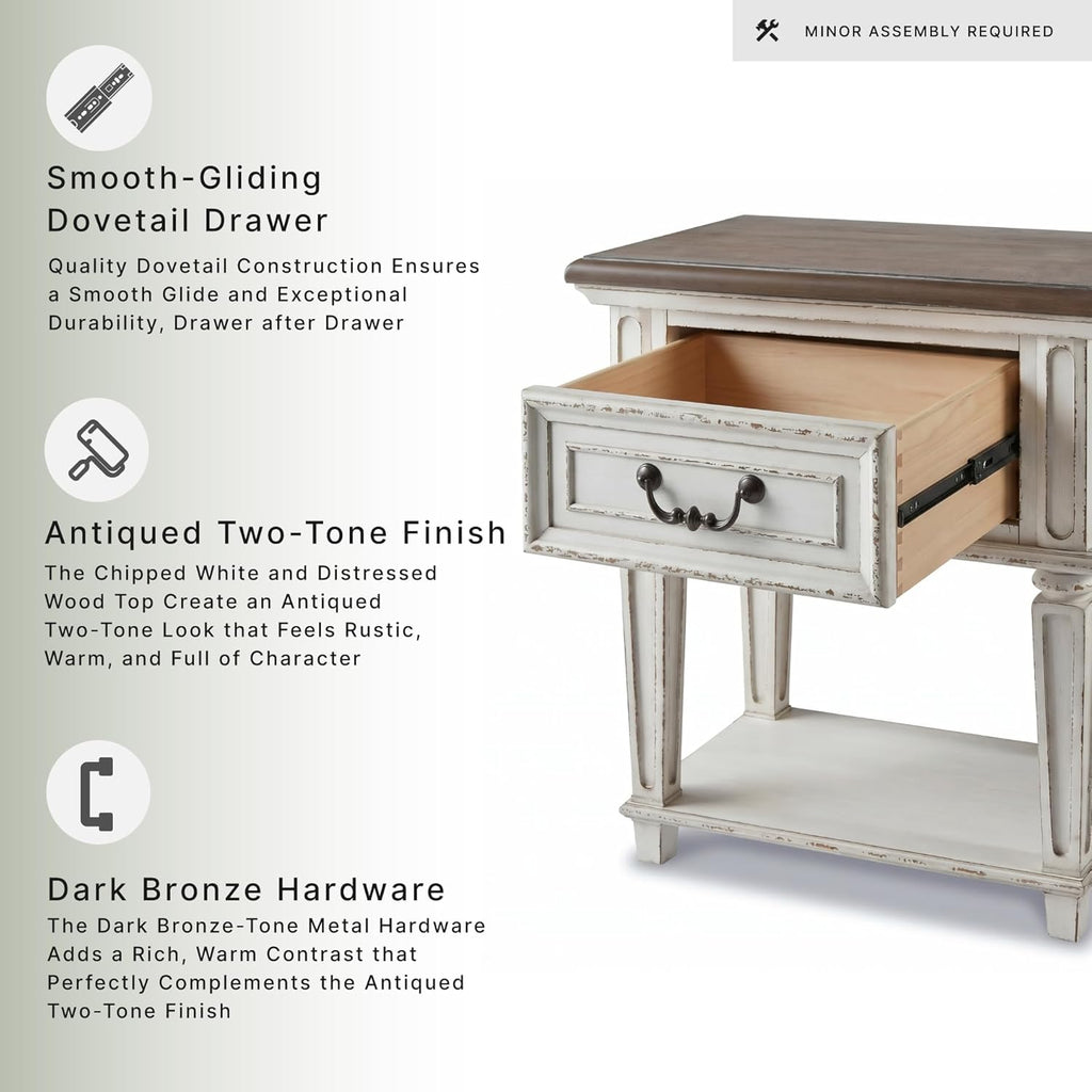 Signature Design by Ashley Realyn Traditional Cottage 1 Drawer Nightstand with Dovetail Construction & Open Display Shelf, Chipped White, 27" Tall, Distressed Brown