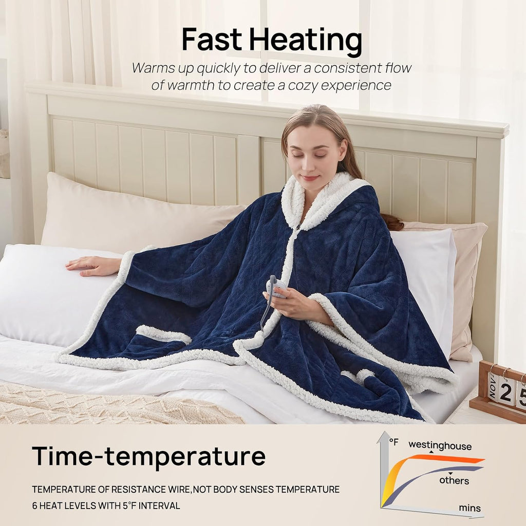 Westinghouse Wearable Heated Throw Blanket, Electric Heated Wrap Poncho Shawl with Pockets, 6 Heating Levels & 2-10 Auto Shut-Off, 50 x 60 Inch, Gift for Family, Friends, Machine Washable, Navy