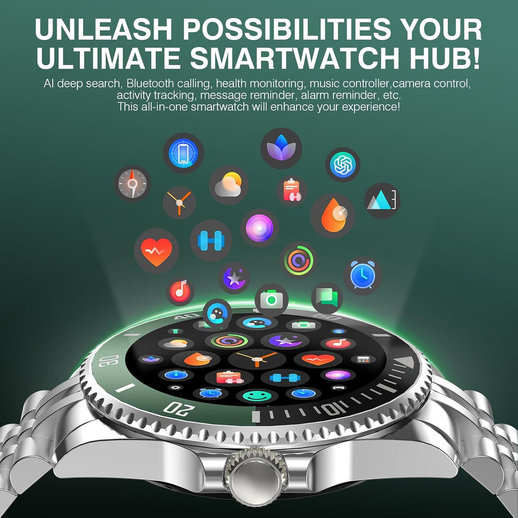 SOUYIE GPT AI Smart Watch for Men, Bluetooth Call Heart Rate Blood Pressure Blood Oxygen Sleep Monitor, 107 Sports Modes 1.19" AMOLED Display Waterproof Fitness Tracker Android iOS, 44mm Silver Green