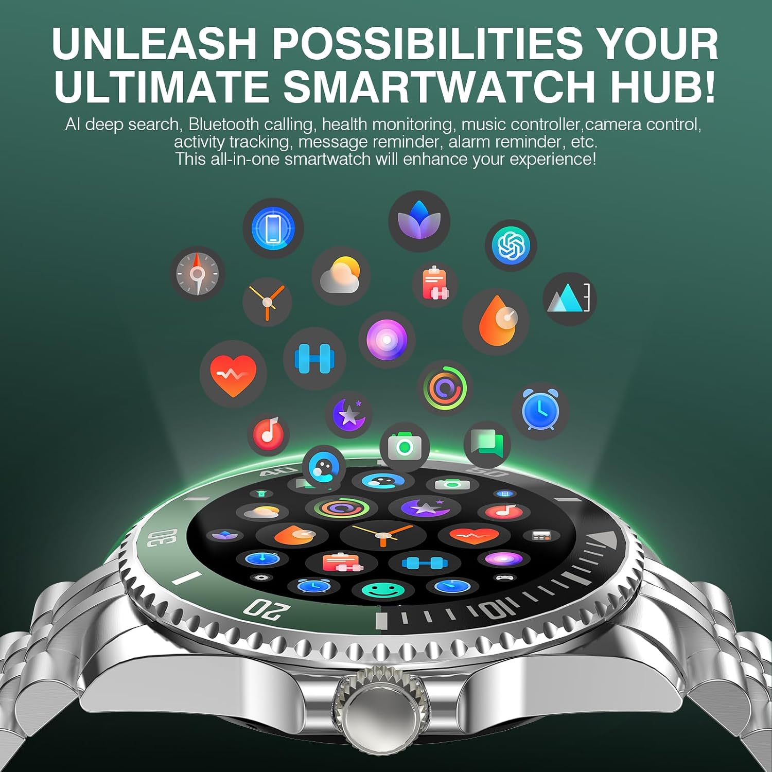 SOUYIE GPT AI Smart Watch for Men, Bluetooth Call Heart Rate Blood Pressure Blood Oxygen Sleep Monitor, 107 Sports Modes 1.19" AMOLED Display Waterproof Fitness Tracker Android iOS, 44mm Silver Green