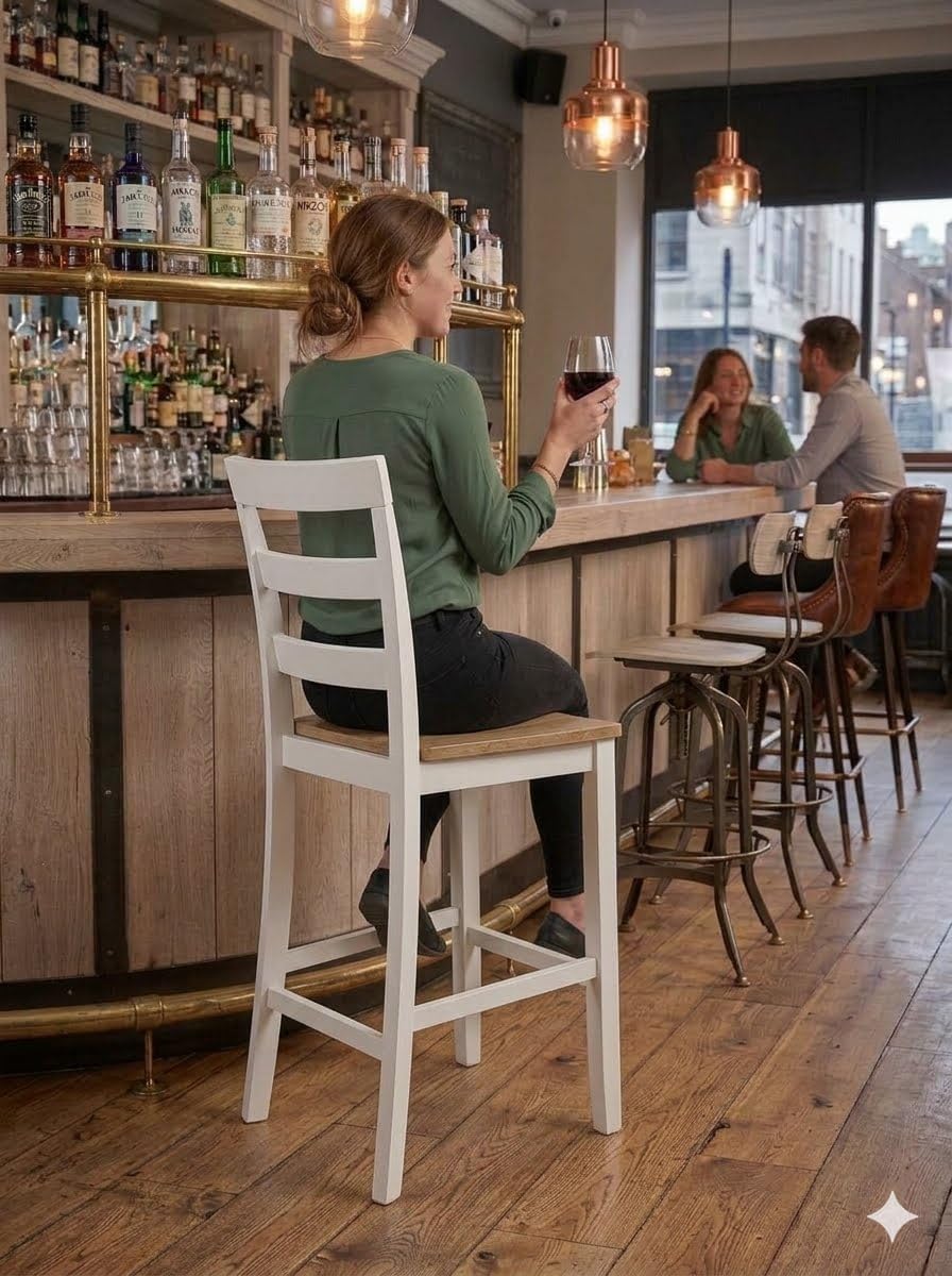 Signature Design by Ashley Gesthaven Counter Height Bar Stool, Set of 2, 24.25" Stools with Ladder Back, Solid Wood Frame, Contoured Mango Wood Veneer Seat, Kitchen Island Dining, Natural and White