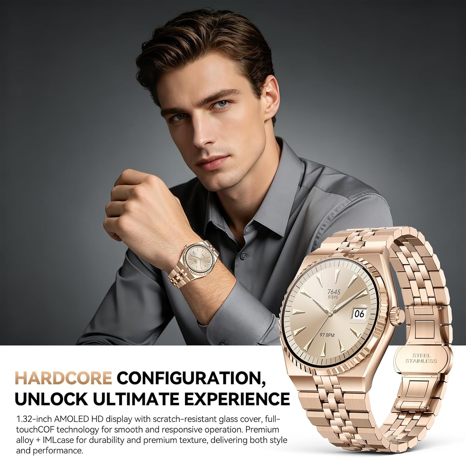 Business Luxury Smartwatch, 1.32" AMOLED HD Screen, Bluetooth 5.4 Calls, Stainless Steel Strap, 160+ Sports Modes, Fitness Watch with Heart Rate/SpO2/Sleep/Blood Pressure Monitor, iOS and Android Gold
