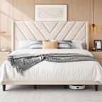 Yaheetech Queen Bed Frame Upholstered Platform Bed/Wooden Slat Support/Tufted Headboard with Wing Side/Mattress Foundation/No Box Spring Needed,Beige Queen