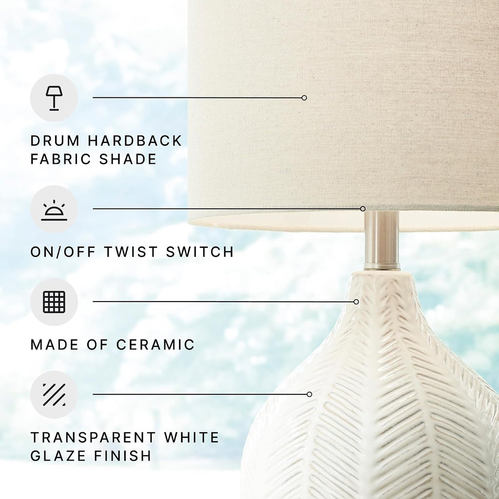 Signature Design by Ashley Rainermen Casual Ceramic Table Lamp, Transparent White Glaze Finish, Drum Hardback Fabric Shade, 11" W x 11" D x 21" H, Off White