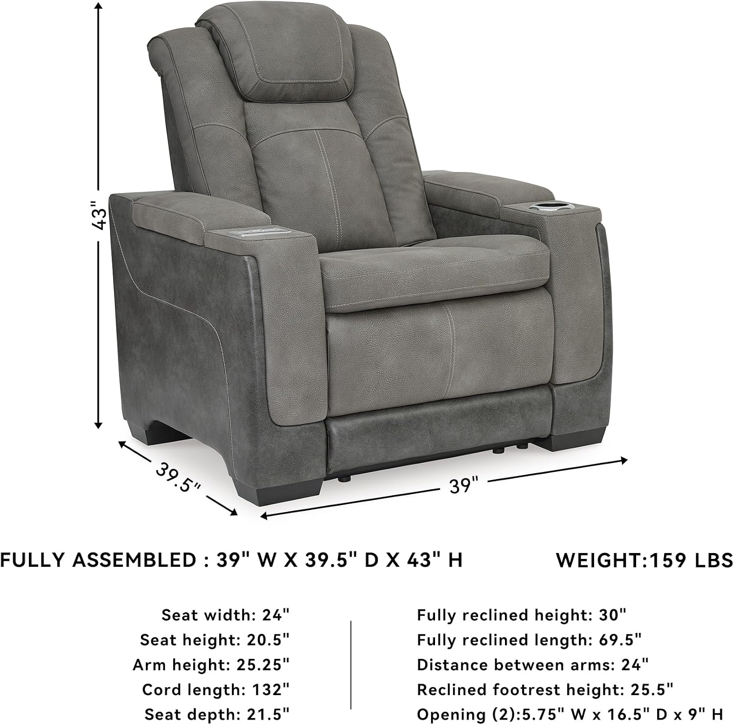Signature Design by Ashley Next-Gen DuraPella Power Recliner with Adjustable Headrest, Storage Armrests, Wireless & USB Charging, Faux Leather, 2-Tone Gray