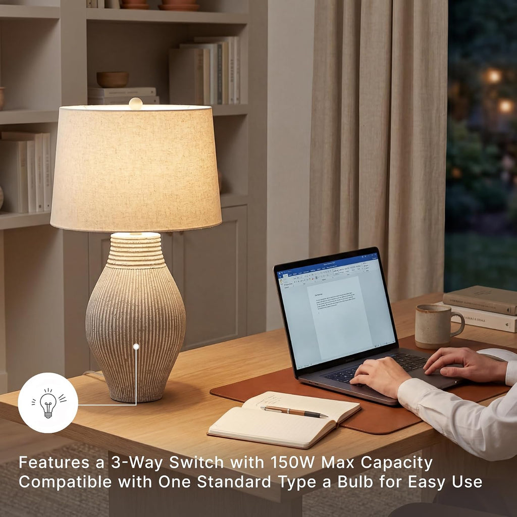 Signature Design by Ashley Layal Modern Table Lamp, Textured Paper Composite Base, Modified Drum Shade, 3-Way Switch Lighting for Living Room or Bedroom, 16 Inch Diameter, Beige