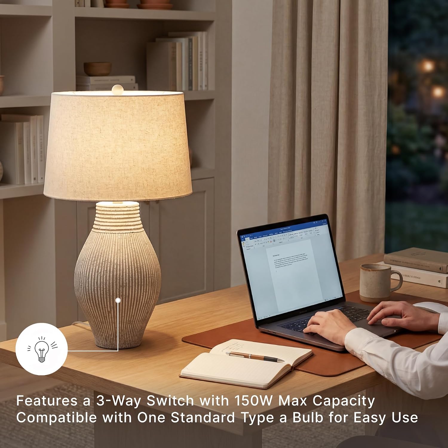 Signature Design by Ashley Layal Modern Table Lamp, Textured Paper Composite Base, Modified Drum Shade, 3-Way Switch Lighting for Living Room or Bedroom, 16 Inch Diameter, Beige
