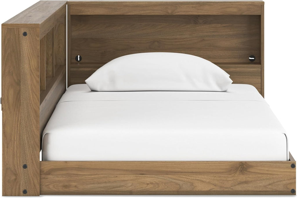 Signature Design by Ashley Deanlow Bookcase Storage Bed, Replicated Walnut Wood-Look Platform, Mid-Century Modern Casual Style, Integrated Bookshelf Side Rails, Honey Brown, Twin