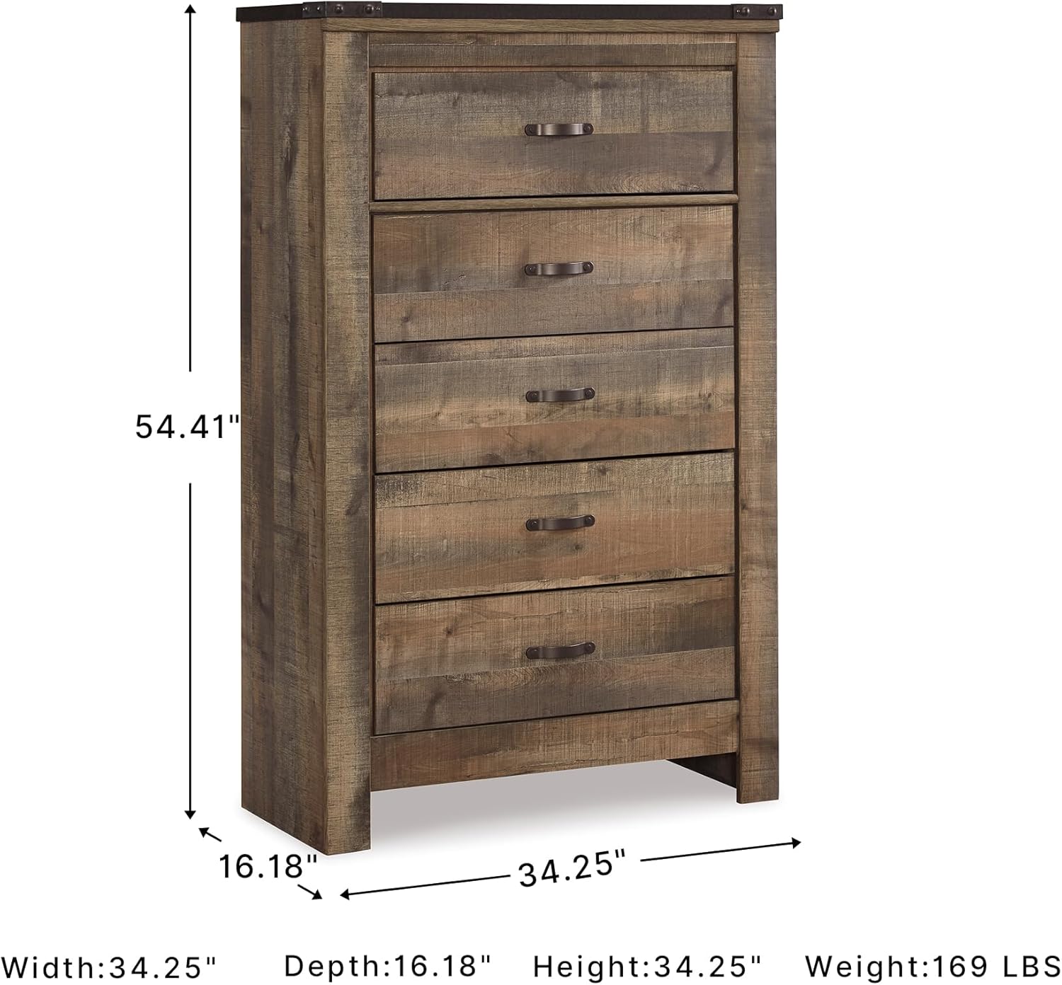 Signature Design by Ashley Trinell Rustic 5 Drawer Chest of Drawers with Nailhead Trim, Warm Brown