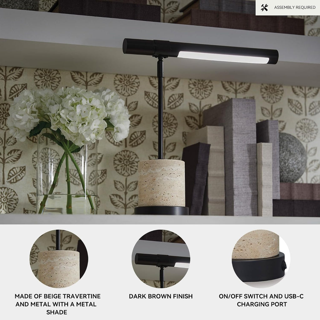 Signature Design by Ashley Vinmour Desk Lamp with USB-C Port, Adjustable Height Metal Task Light, Beige Travertine Stone Base, Contemporary Lighting for Home Office Workspaces, Brown/Beige