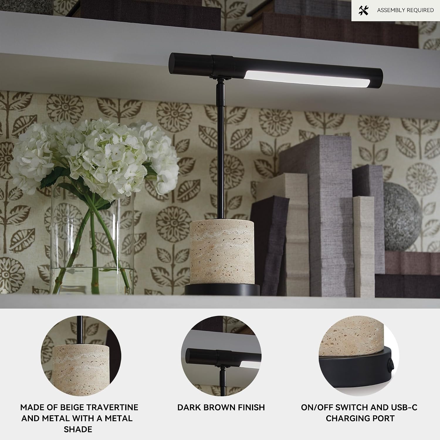 Signature Design by Ashley Vinmour Desk Lamp with USB-C Port, Adjustable Height Metal Task Light, Beige Travertine Stone Base, Contemporary Lighting for Home Office Workspaces, Brown/Beige