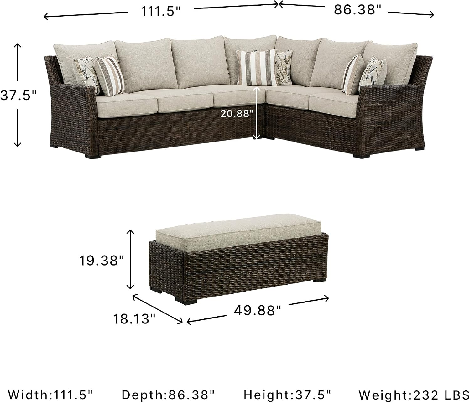 Signature Design by Ashley Brook Ranch Outdoor Sectional, 3-Piece Patio Furniture Set with Rust-Free Aluminum Frame, L Shaped Resin Wicker Couch and Bench for Backyard Entertaining, Beige & Brown