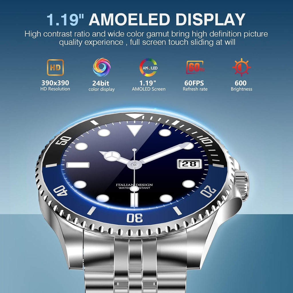 GPT Smart Watch for Men, 24/7 Heart Rate, Blood Pressure, Blood Oxygen, Sleep Monitor, 107 Sports Modes, 1.19-inch AMOLED Display, Waterproof Round Watch, Compatible Android and iOS, 44mm Silver Blue