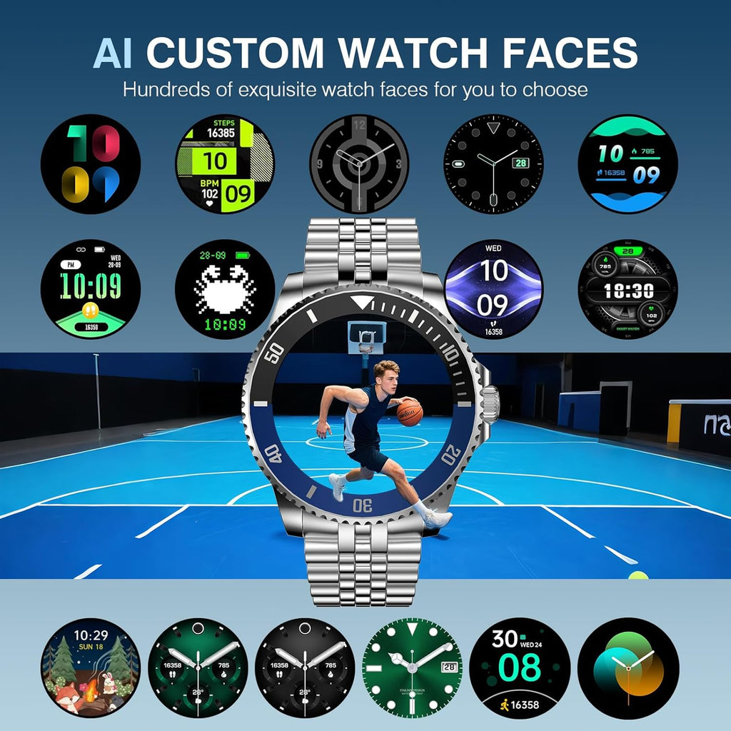 GPT Smart Watch for Men, 24/7 Heart Rate, Blood Pressure, Blood Oxygen, Sleep Monitor, 107 Sports Modes, 1.19-inch AMOLED Display, Waterproof Round Watch, Compatible Android and iOS, 44mm Silver Blue
