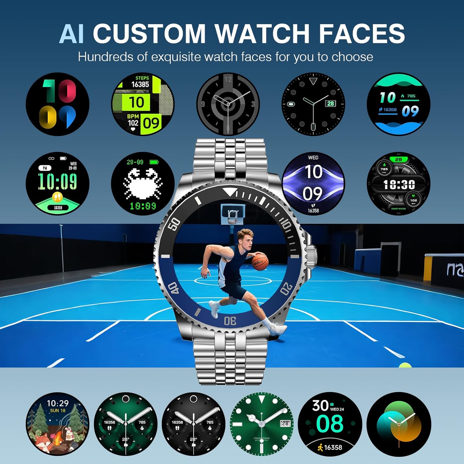 GPT Smart Watch for Men, 24/7 Heart Rate, Blood Pressure, Blood Oxygen, Sleep Monitor, 107 Sports Modes, 1.19-inch AMOLED Display, Waterproof Round Watch, Compatible Android and iOS, 44mm Silver Blue