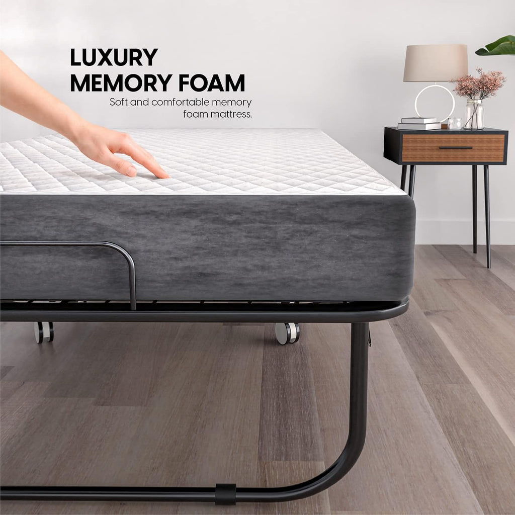EconoHome Folding Bed with Mattress - 75x38 Twin Size Frame - Portable Rollaway Guest Bed with 5-inch Memory Foam Mattress - Space-Saving Foldable Design for Easy Storage