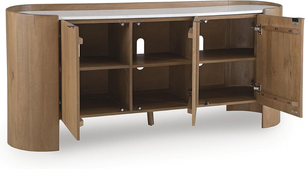 Signature Design by Ashley Fitzroy Accent Cabinet, Contemporary Solid Mango Wood & White Marble Top Sideboard with Anti-Tipping, Soft-Close Doors, Cord Openings, Light Brown & White, 66 Inch