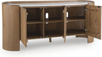Signature Design by Ashley Fitzroy Accent Cabinet, Contemporary Solid Mango Wood & White Marble Top Sideboard with Anti-Tipping, Soft-Close Doors, Cord Openings, Light Brown & White, 66 Inch