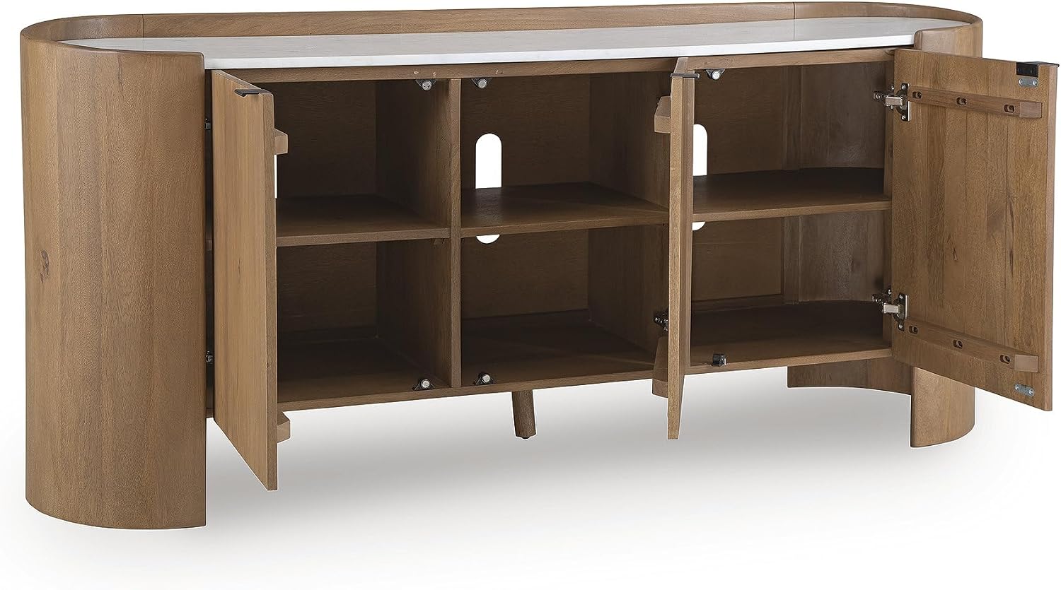 Signature Design by Ashley Fitzroy Accent Cabinet, Contemporary Solid Mango Wood & White Marble Top Sideboard with Anti-Tipping, Soft-Close Doors, Cord Openings, Light Brown & White, 66 Inch