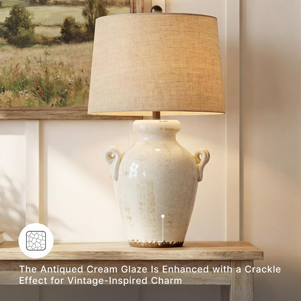Signature Design by Ashley Emelda Casual Farmhouse Ceramic Table Lamp with Fabric Modified Drum Shade and 3-Way Switch, 27.25', Cream Glaze Crackle Finish