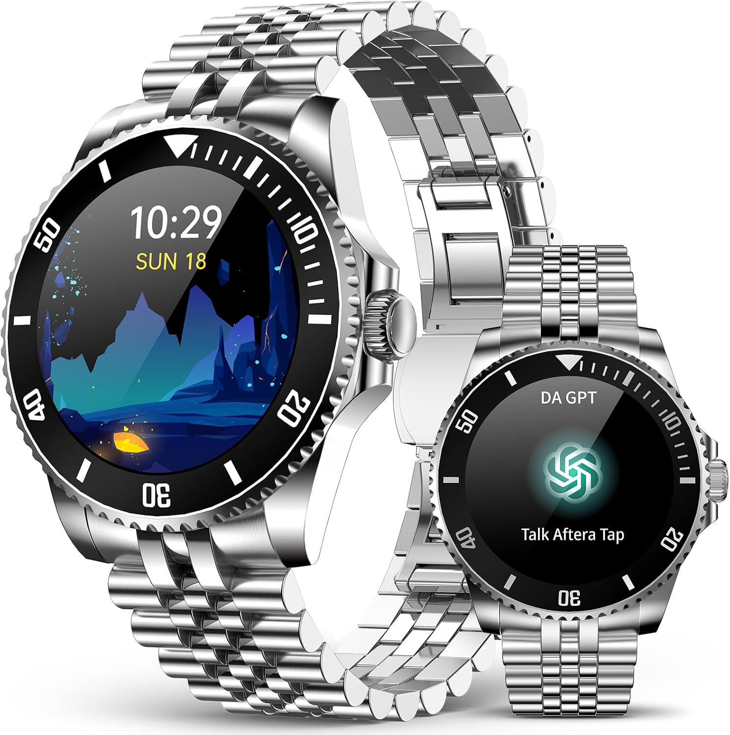 SOUYIE AI Smart Watch, DA GPT Waterproof Smartwatch, 1.19-inch AMOLED Display, 24/7 Heart Rate, Blood Oxygen, Blood Pressure, Sleep Monitor, 107 Sports Modes, Compatible Android and iOS Silver Black