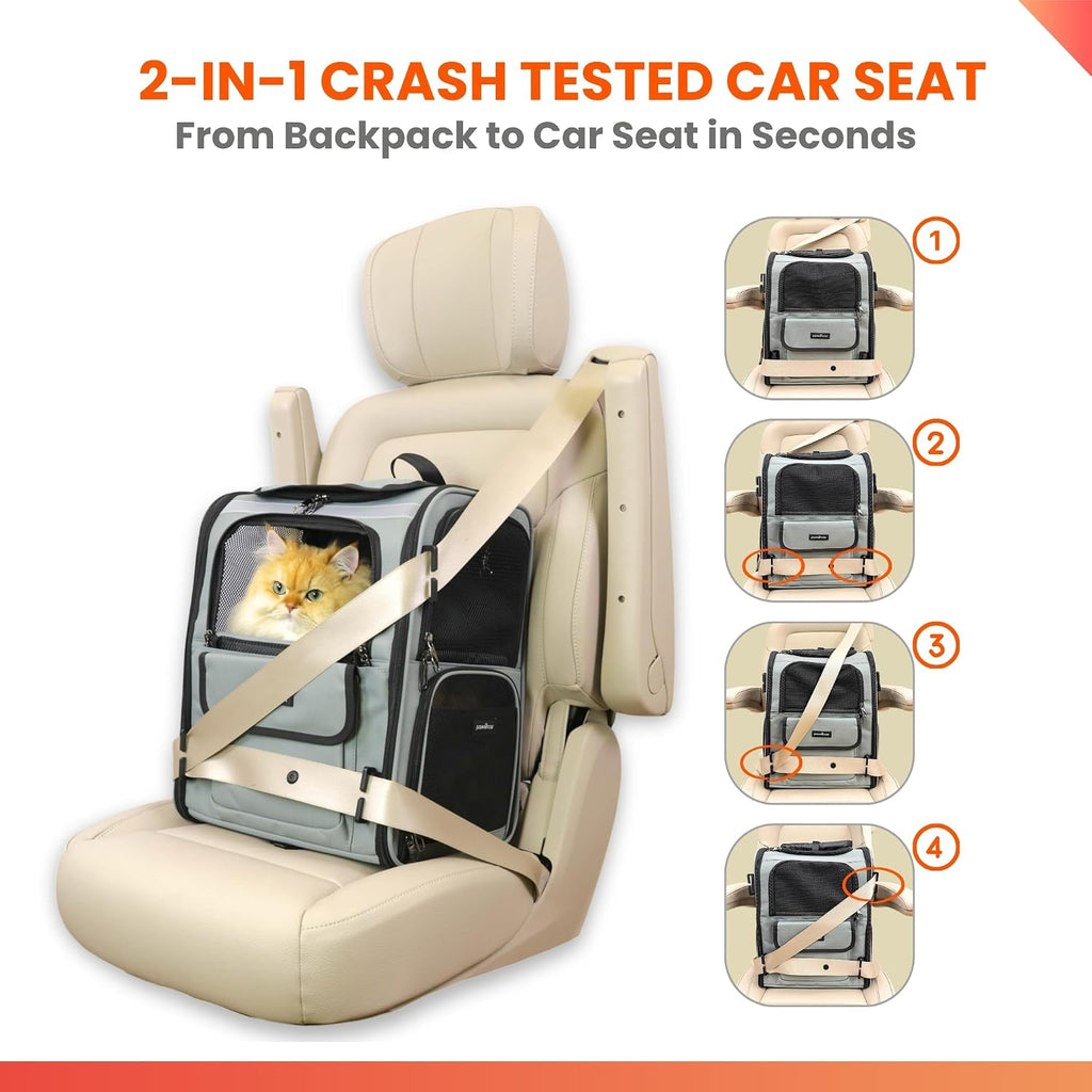 Crash-Tested Expandable Cat Backpack Carrier & Small Dog Car Seat | CPS Certified for Crash Protection & Safe Pet Travel.
