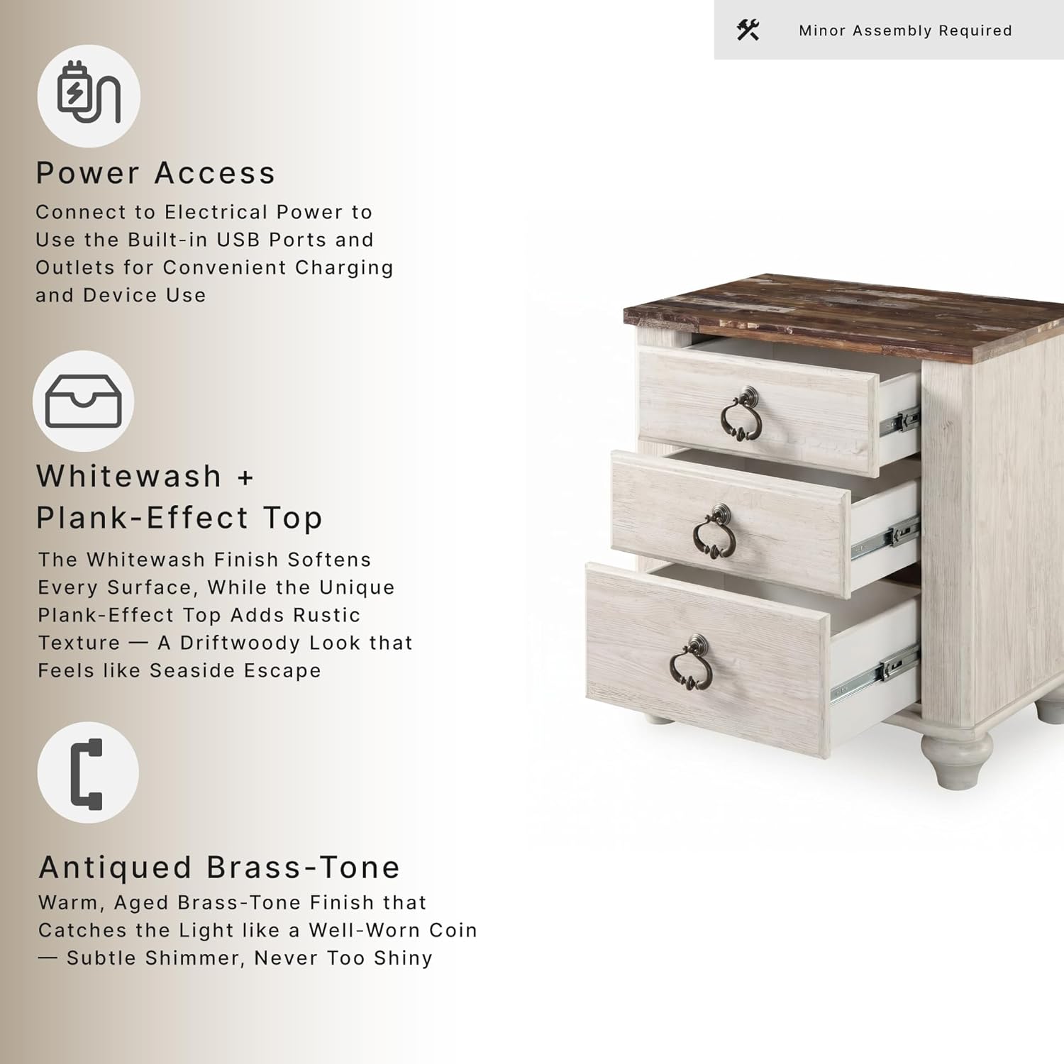Signature Design by Ashley Willowton Farmhouse 2 Drawer Nightstand with USB Charging Ports, 25.67" Tall, Whitewash