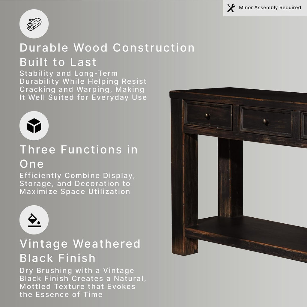 Signature Design by Ashley Gavelston Sofa Table, Couch Table with Drawers & Shelf, Hand-Finished Wood Console for Living Room or Entryway, Weathered Black