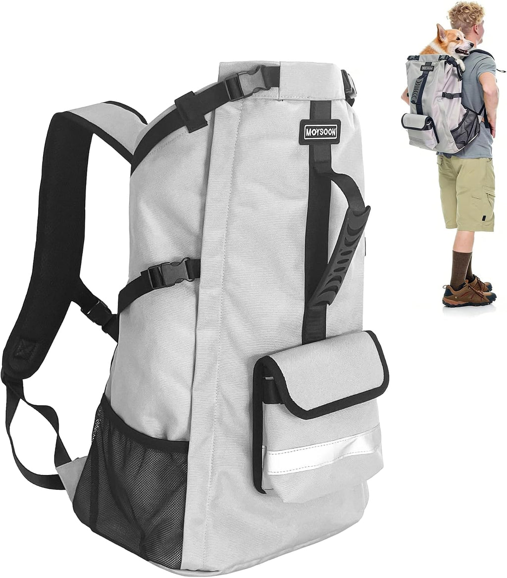 Waterproof Dog Backpack Carrier for Medium Dogs Under 30 lb, Grey | 4-Layer Protection, Adjustable Dog Hiking Backpack with Storage Pockets, Reflective Strips, Non-Slip Handle for Travel