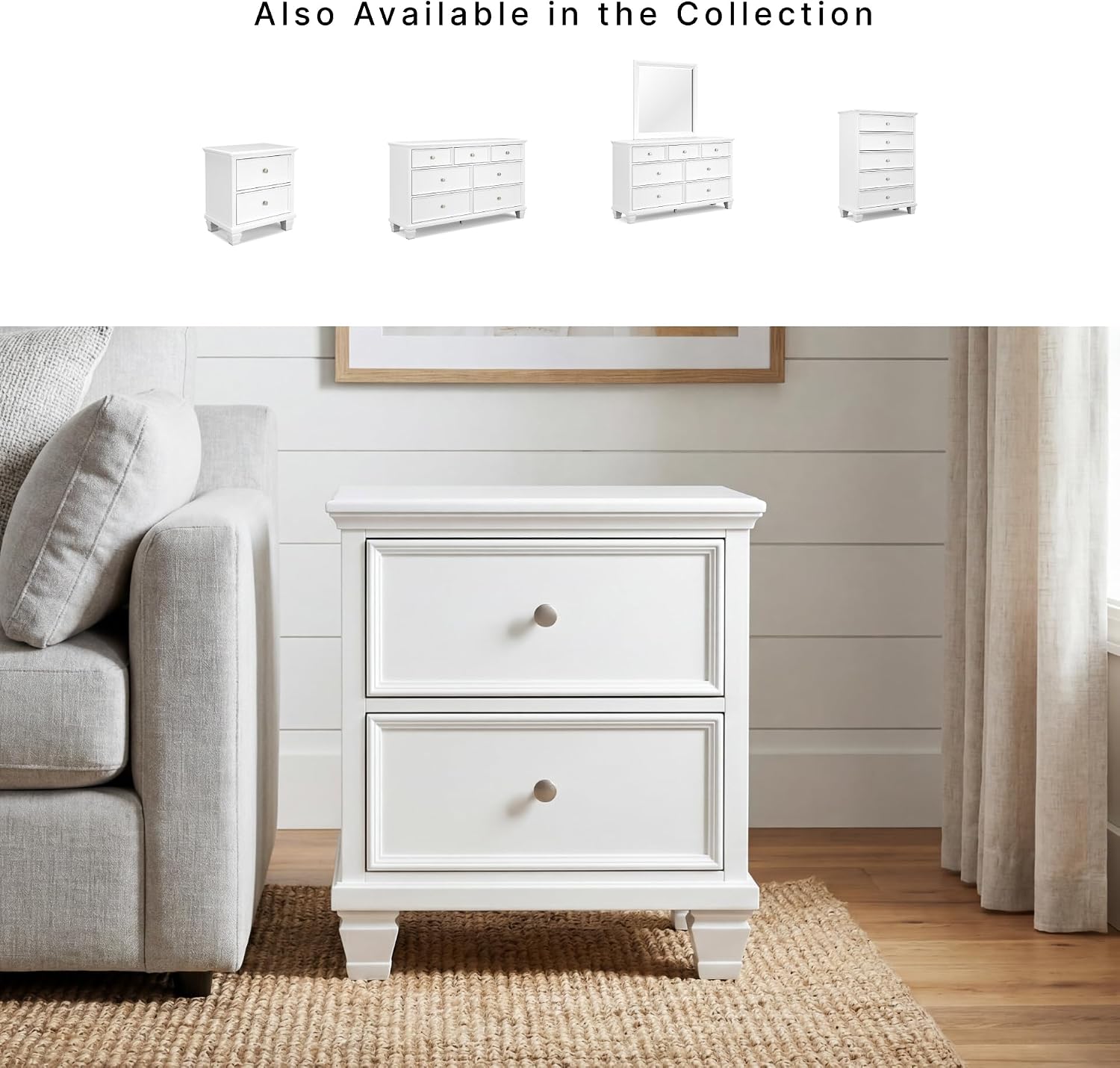 Signature Design by Ashley Fortman White Nightstand, 2 Drawer Storage, Hardwood Solids and MDF Construction, Traditional Wood Bedside Table, 25" W