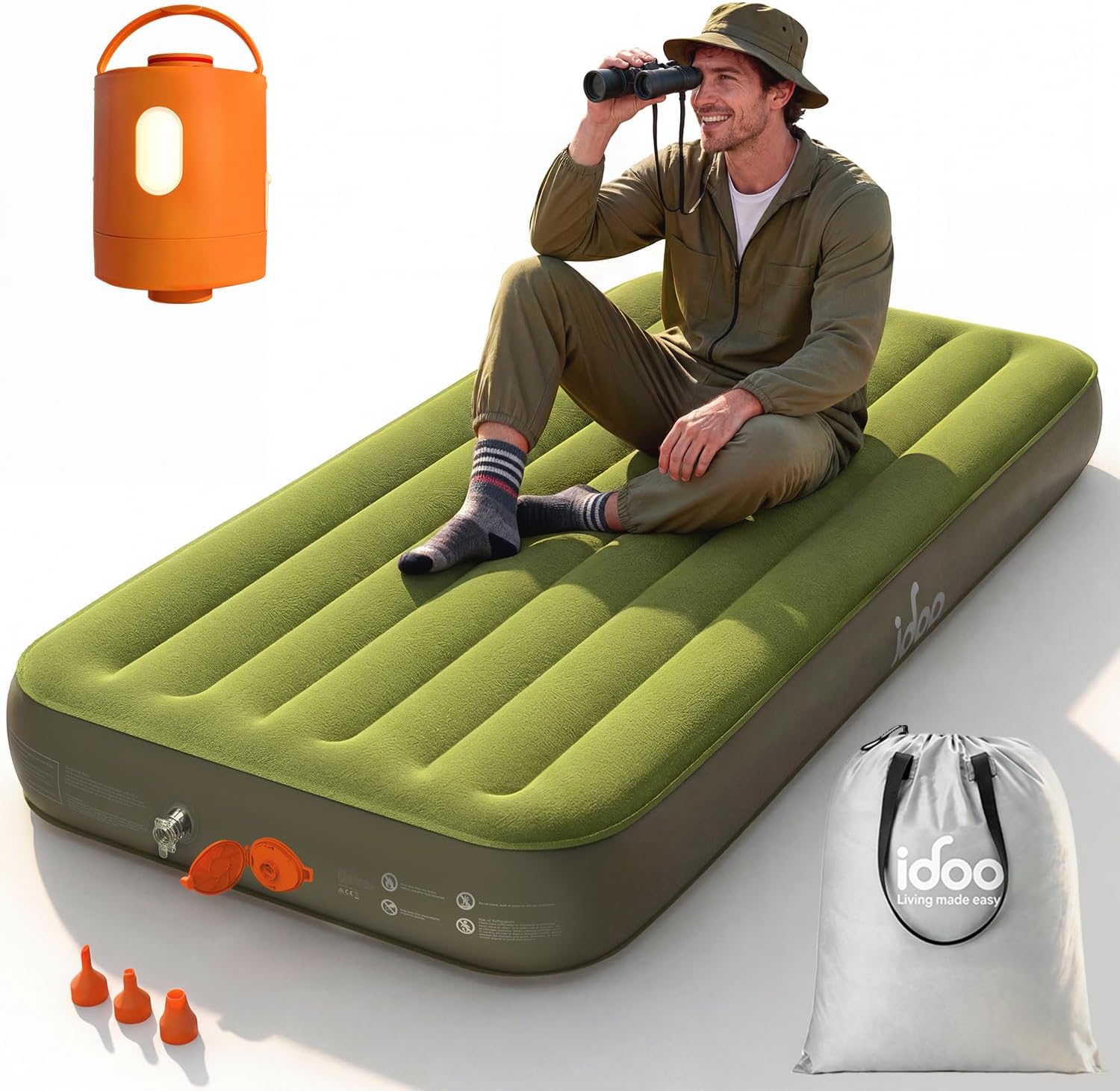 iDOO Portable Camping Essentials Mattress, 10" Twin XL Air Mattress with Cordless Rechargeable Pump, 2-in-1 Fast Inflation, Built-in LED Light, USB Charging, Retractable Camping Cot Sleeping Pad