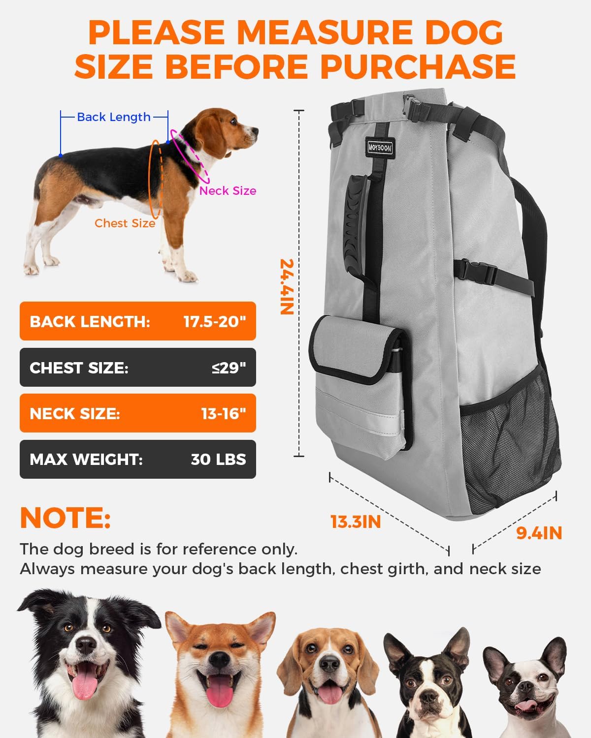 Waterproof Dog Backpack Carrier for Medium Dogs Under 30 lb, Grey | 4-Layer Protection, Adjustable Dog Hiking Backpack with Storage Pockets, Reflective Strips, Non-Slip Handle for Travel