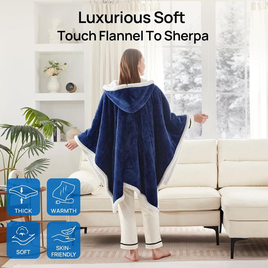 Westinghouse Wearable Heated Throw Blanket, Electric Heated Wrap Poncho Shawl with Pockets, 6 Heating Levels & 2-10 Auto Shut-Off, 50 x 60 Inch, Gift for Family, Friends, Machine Washable, Navy