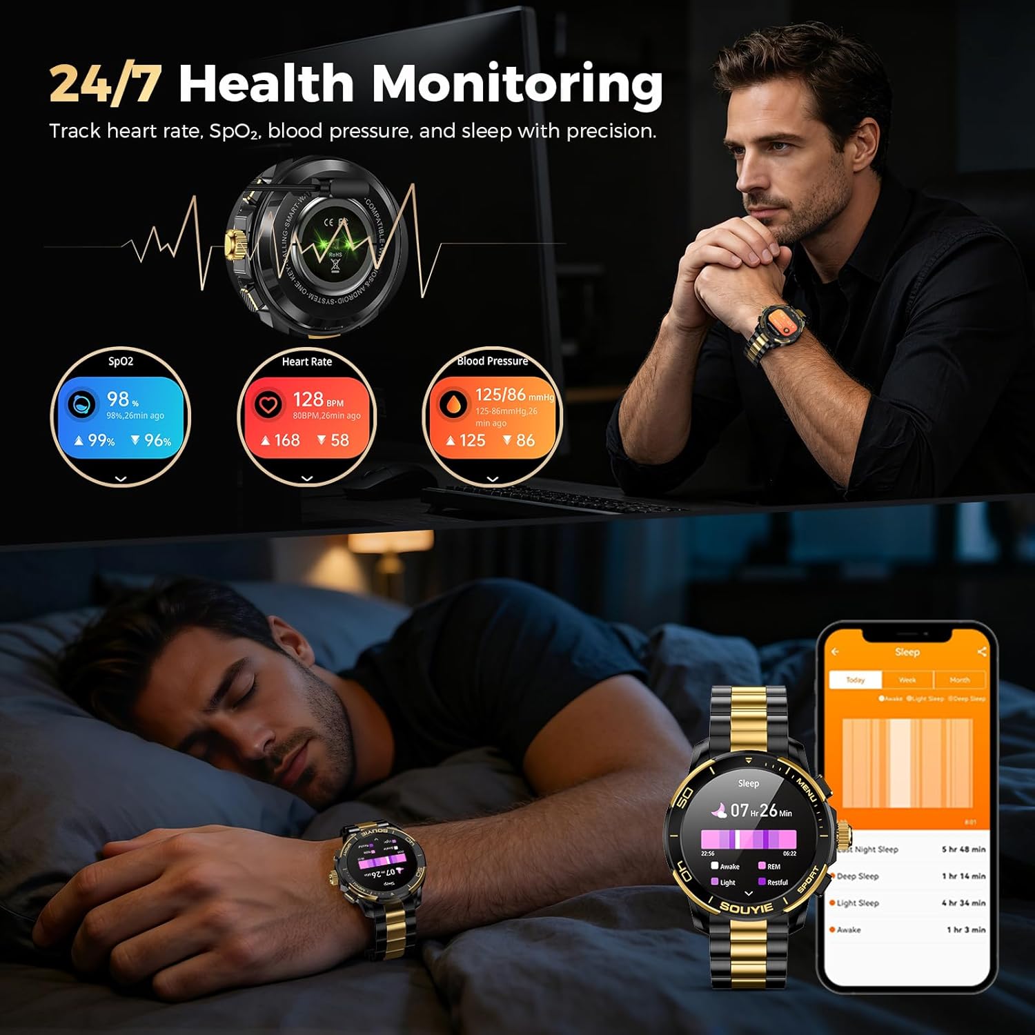 SOUYIE SW-7 Lux Smart Watch for Men, High-Gloss Ceramic Bezel & Two-Tone Steel, 1.43" AMOLED Display, AI GPT Voice Assistant, Bluetooth Calls, Health Monitor, 100+ Sports Modes, Compatible iOS Android