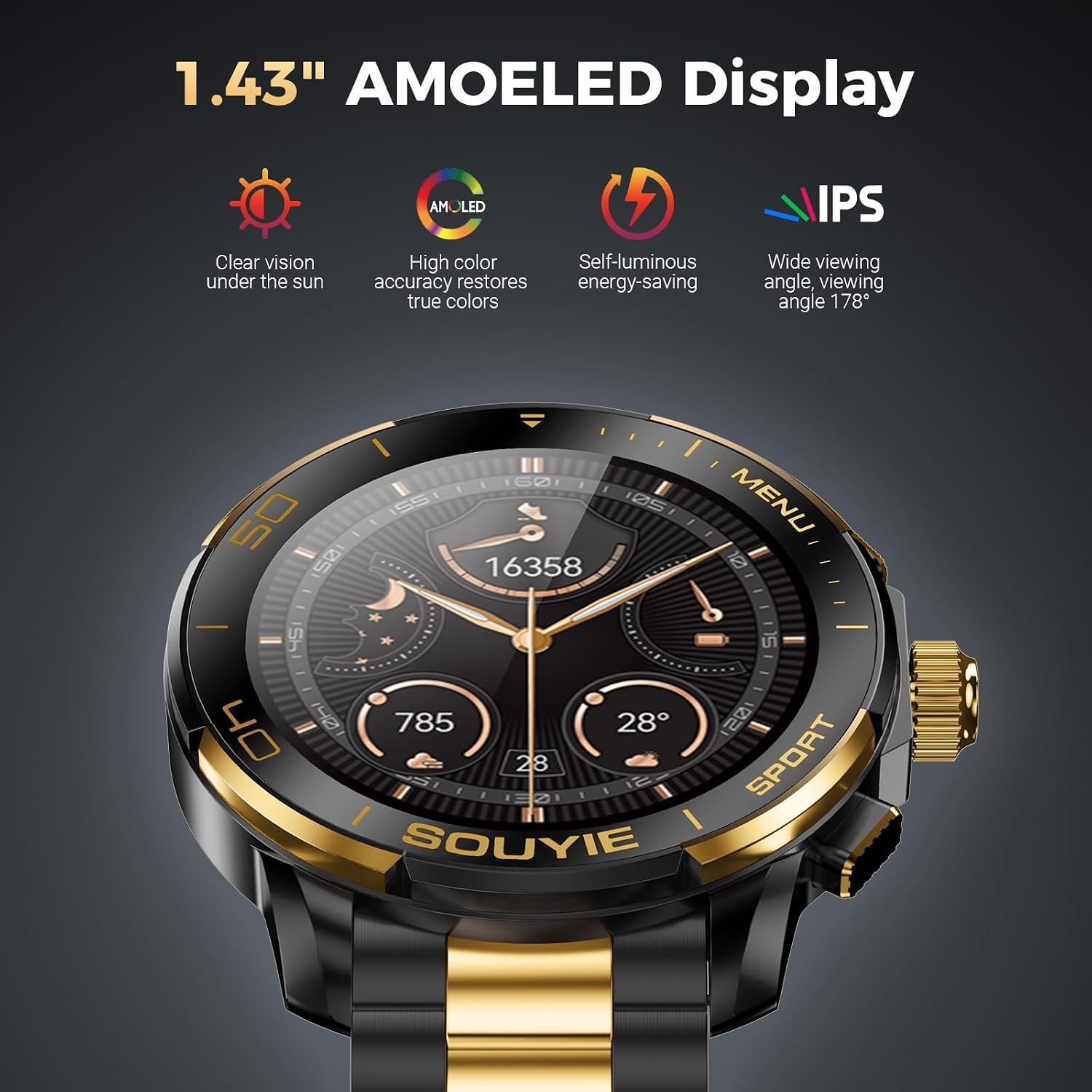 SOUYIE SW-7 Lux Smart Watch for Men, High-Gloss Ceramic Bezel & Two-Tone Steel, 1.43" AMOLED Display, AI GPT Voice Assistant, Bluetooth Calls, Health Monitor, 100+ Sports Modes, Compatible iOS Android
