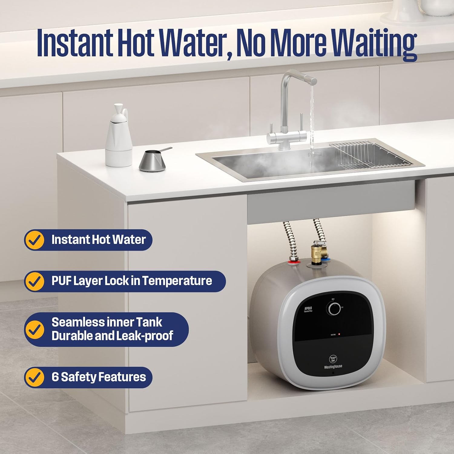 Westinghouse Point of Use Water Heater - 4 Gallon Electric Mini Tank 120V 1440W Hot Water Heater for Kitchen Sinks, Utility Rooms, RVs and Under Sink Installation, Wall or Floor Mount, CSA Listed