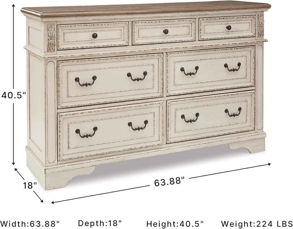 Signature Design by Ashley Realyn French Country 7 Drawer Dresser, Two-Tone Chipped White and Distressed Wood Finish, Smooth-Gliding Bedroom Storage, Ideal for Master Suites, 64" W