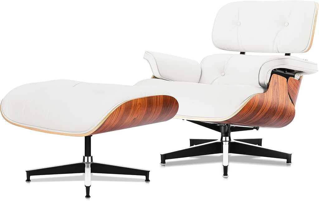 Luxury Top Black Grain Leather Mid Century Chaise Lounge Chair with Ottoman, Premium Handcrafted Walnut Wood, Ergonomic Modern Accent Chair for Living Room Office