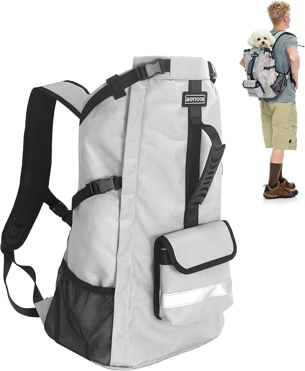 Waterproof Dog Backpack Carrier for Medium Dogs Under 30 lb, Grey | 4-Layer Protection, Adjustable Dog Hiking Backpack with Storage Pockets, Reflective Strips, Non-Slip Handle for Travel