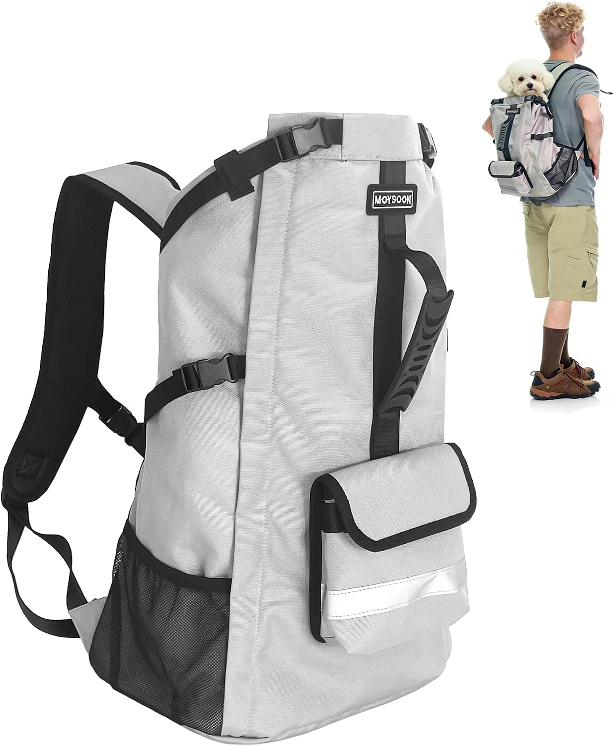 Waterproof Dog Backpack Carrier for Medium Dogs Under 30 lb, Grey | 4-Layer Protection, Adjustable Dog Hiking Backpack with Storage Pockets, Reflective Strips, Non-Slip Handle for Travel