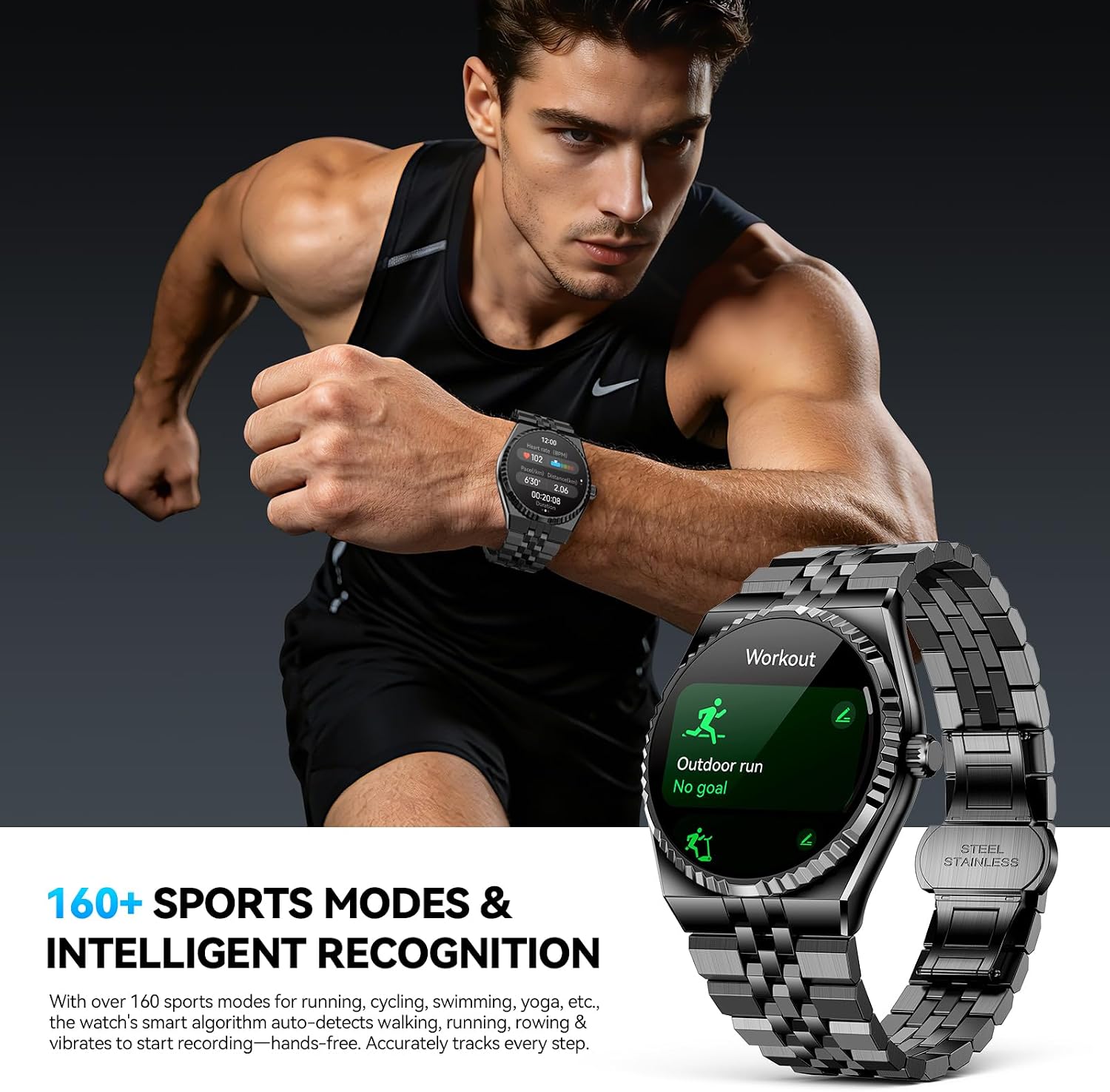 Luxury Smart Watch with Bluetooth Calls, Heart Rate/Blood Pressure/Blood Oxygen/Sleep Monitor, 1.32" AMOLED Display, 160+ Sports Modes, IP68 Waterproof, Compatible with iOS Android for Men Women Black