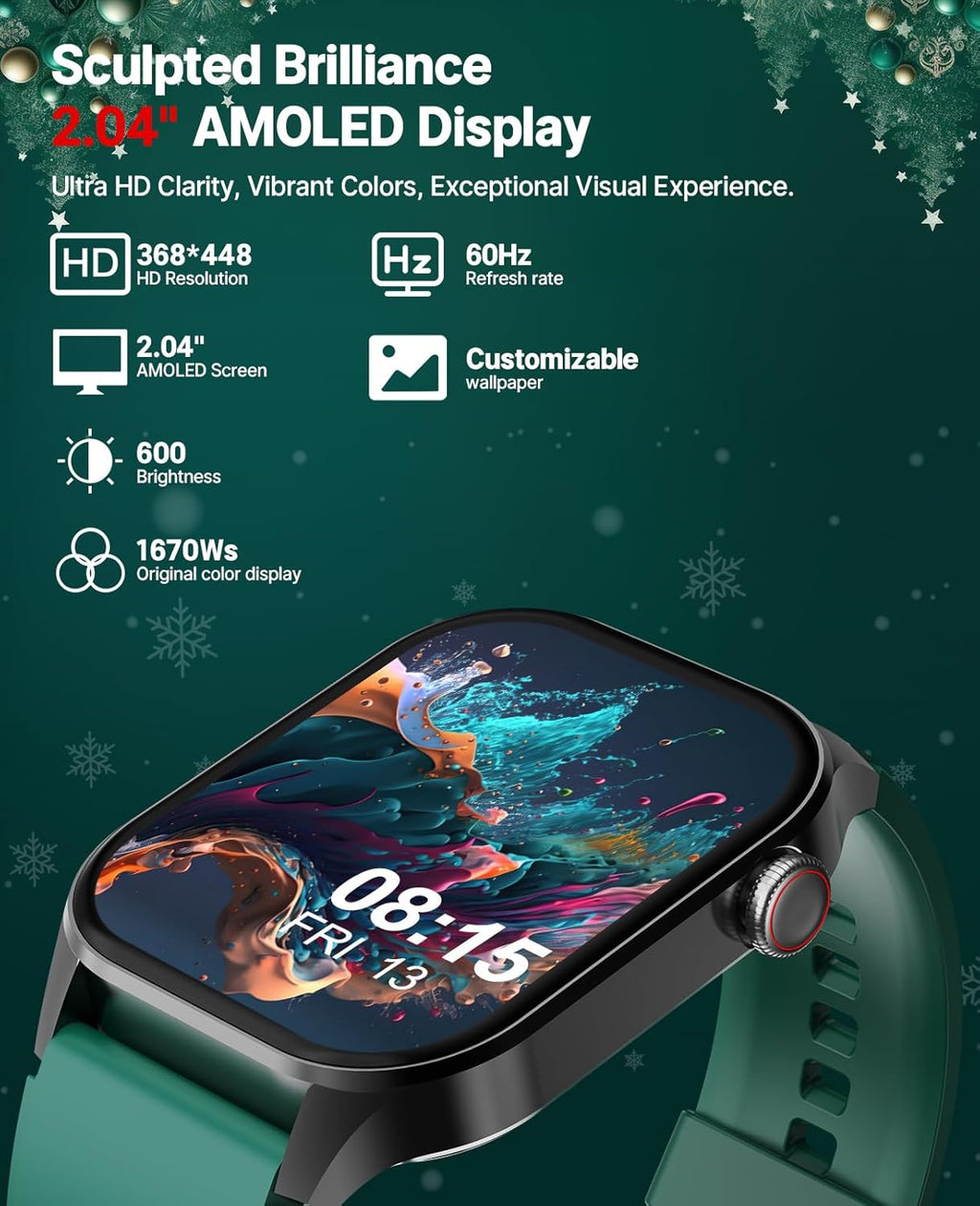 SOUYIE 2025 Christmas Theme Smart Watch for Men Women Android iPhone, with Bluetooth Call(Answer/Make Call), 2.04" Fitness Tracker IP68 Waterproof, 136+ Sports, Heart Rate Blood Oxygen Sleep Monitor