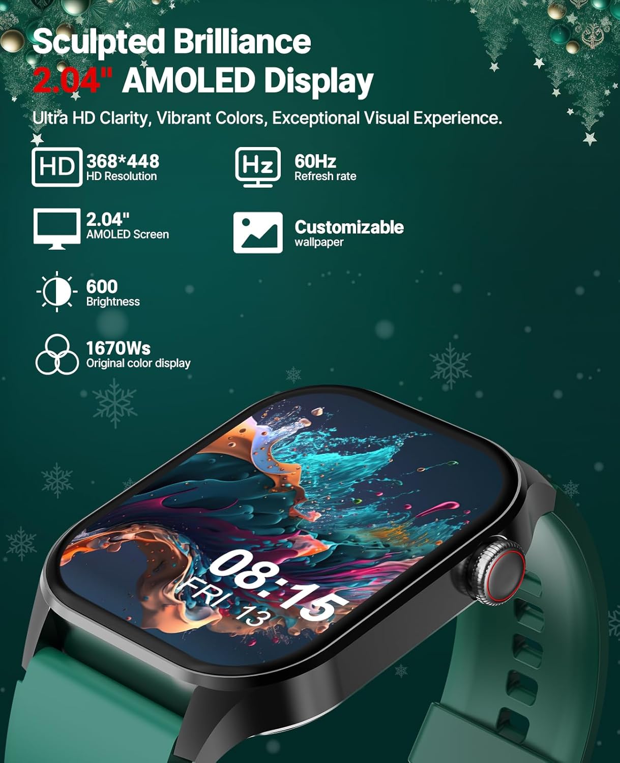 SOUYIE 2025 Christmas Theme Smart Watch for Men Women Android iPhone, with Bluetooth Call(Answer/Make Call), 2.04" Fitness Tracker IP68 Waterproof, 136+ Sports, Heart Rate Blood Oxygen Sleep Monitor